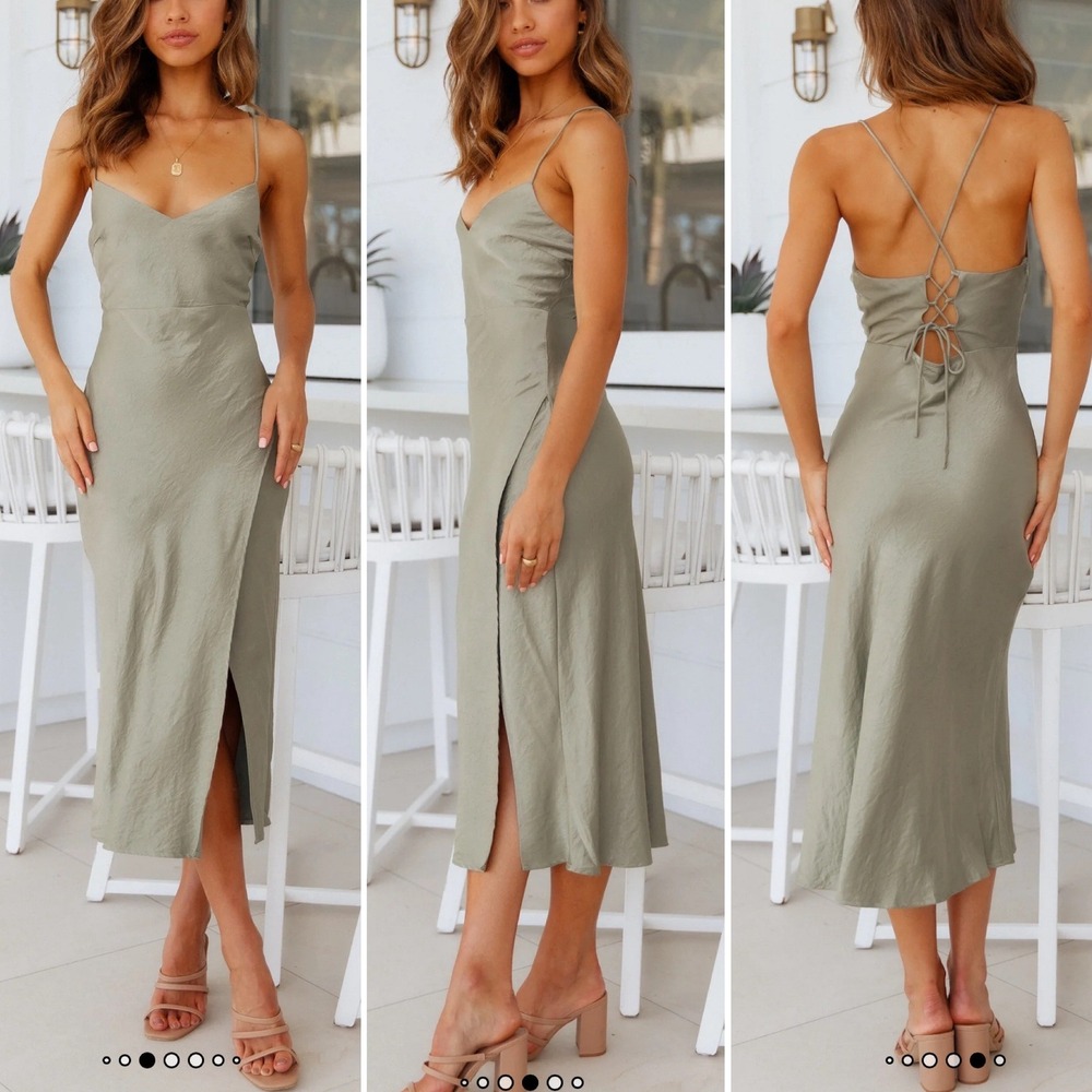 Hello Molly Crashing Prom Midi Dress XS US 2 Olive Green Lace Up Back Slit